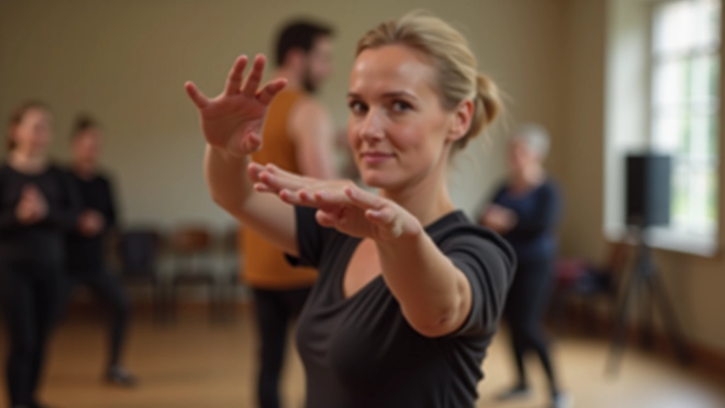 Dance instructor showing proper posture and positioning to a group of beginner bachata dancers in a community hall studio