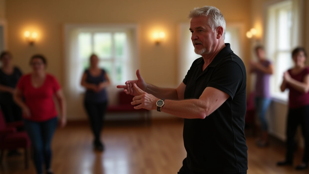 Dance instructor teaching salsa fundamentals to a group of mature adults