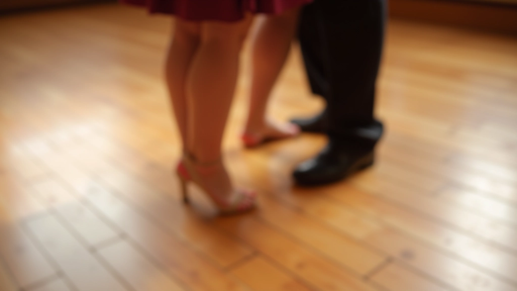 Close-up of dancers' feet showing proper bachata basic step position on wooden dance floor