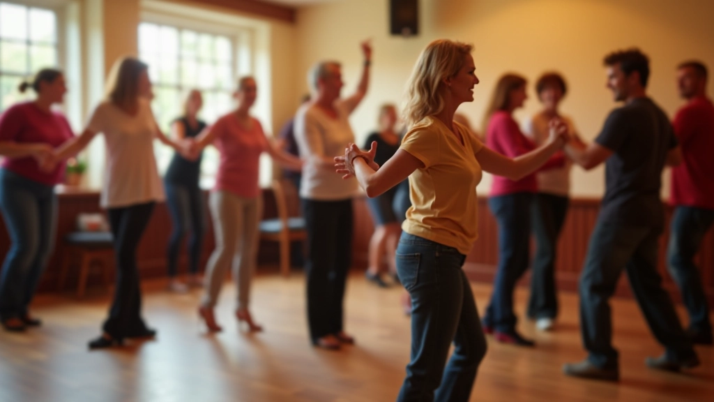 Mature adults enjoying social dance in a bright community hall