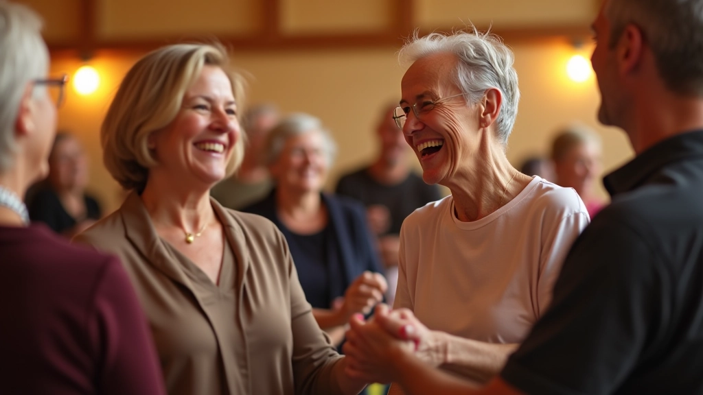 Group of mature adults smiling and laughing together after a dance class in a community hall